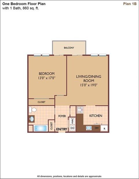 Floor plan for 1 bed, 1 bath, 860 sqft